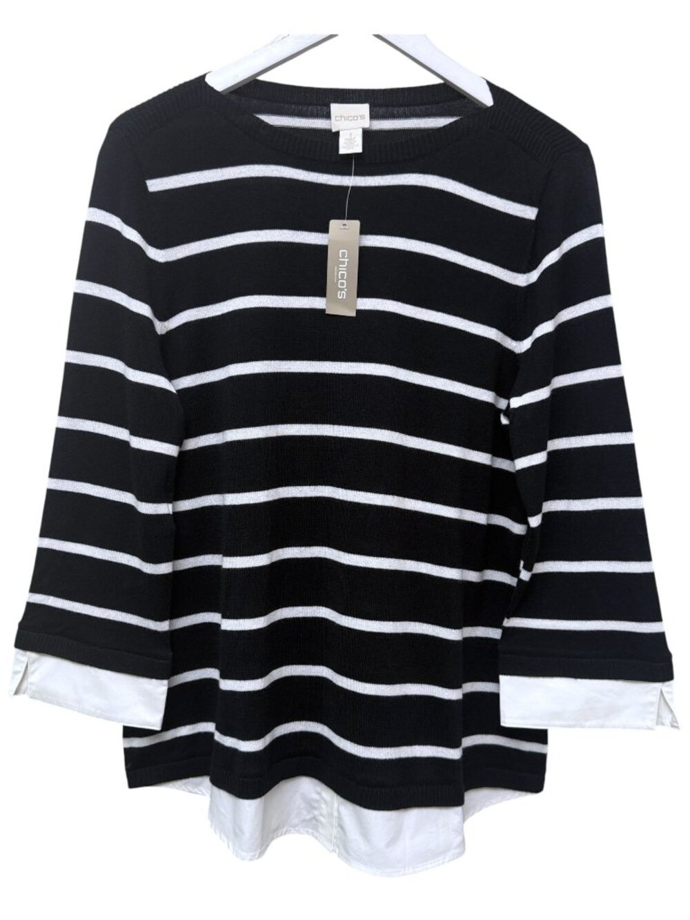 CHICOS Nautical Stripe Light Sweater Medium Black White Layered Look Top NWT